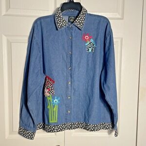 Vintage Lighthouse Apparel Shirt Women L Blue Y2K  Birdhouse Flowers Applique